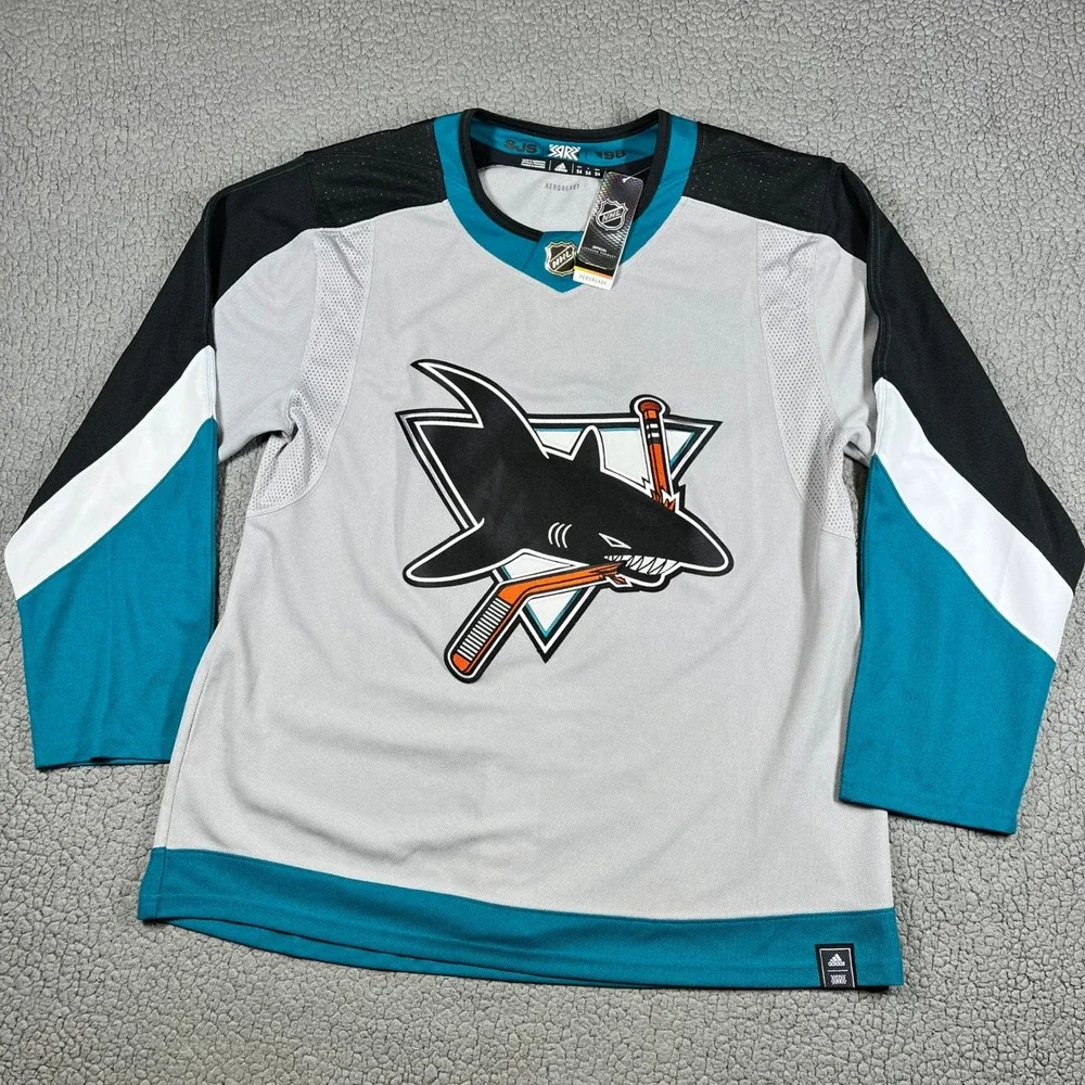 Adidas San Jose Sharks Reverse Retro 1.0 Hockey Jersey Grey Teal Mens 54 GI6359